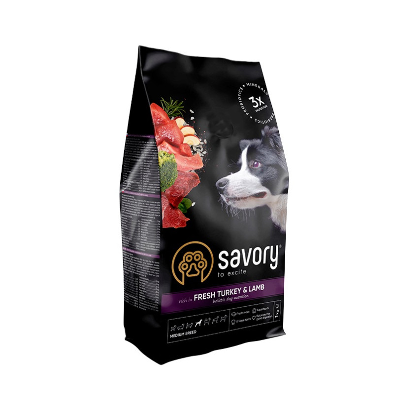 Savory Adult Medium Breed Fresh Turkey & Lamb 12KG, hrană uscată cu curcan și miel pentru câini de talie medie
