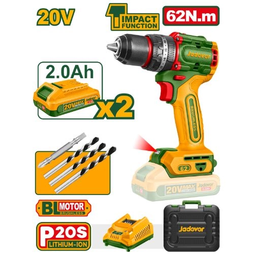 Mașină de găurit/șurubelniță cu impact fără fir de 20V, 2000 RPM, 2 baterii; JDCDP6281 Jadever