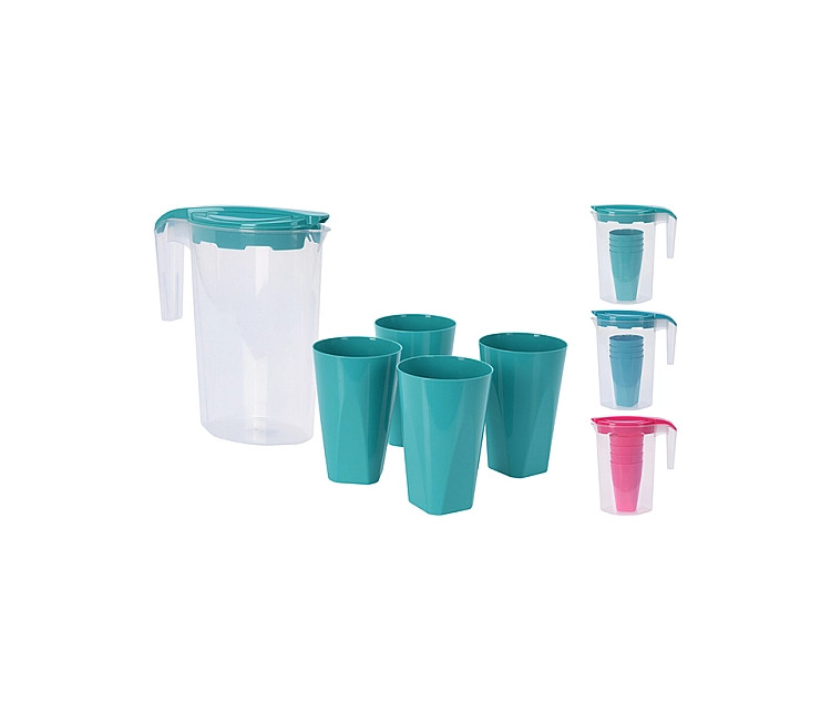 Set ulcior 1.75l și 4 păhare 200ml EH - 3 culori din plastic (20795)
