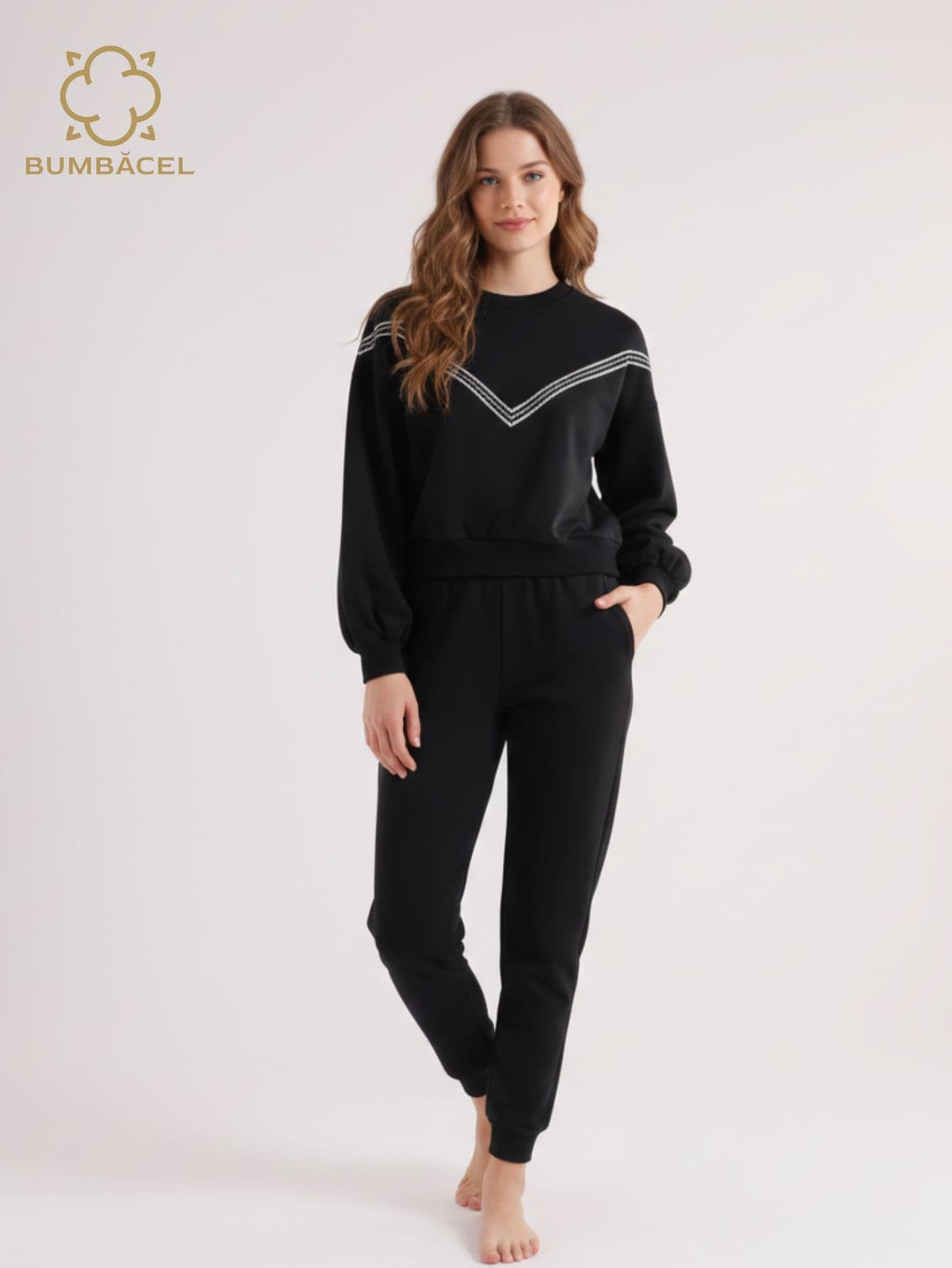 Trening damă cu manșetă elastică și buzunare din bumbac