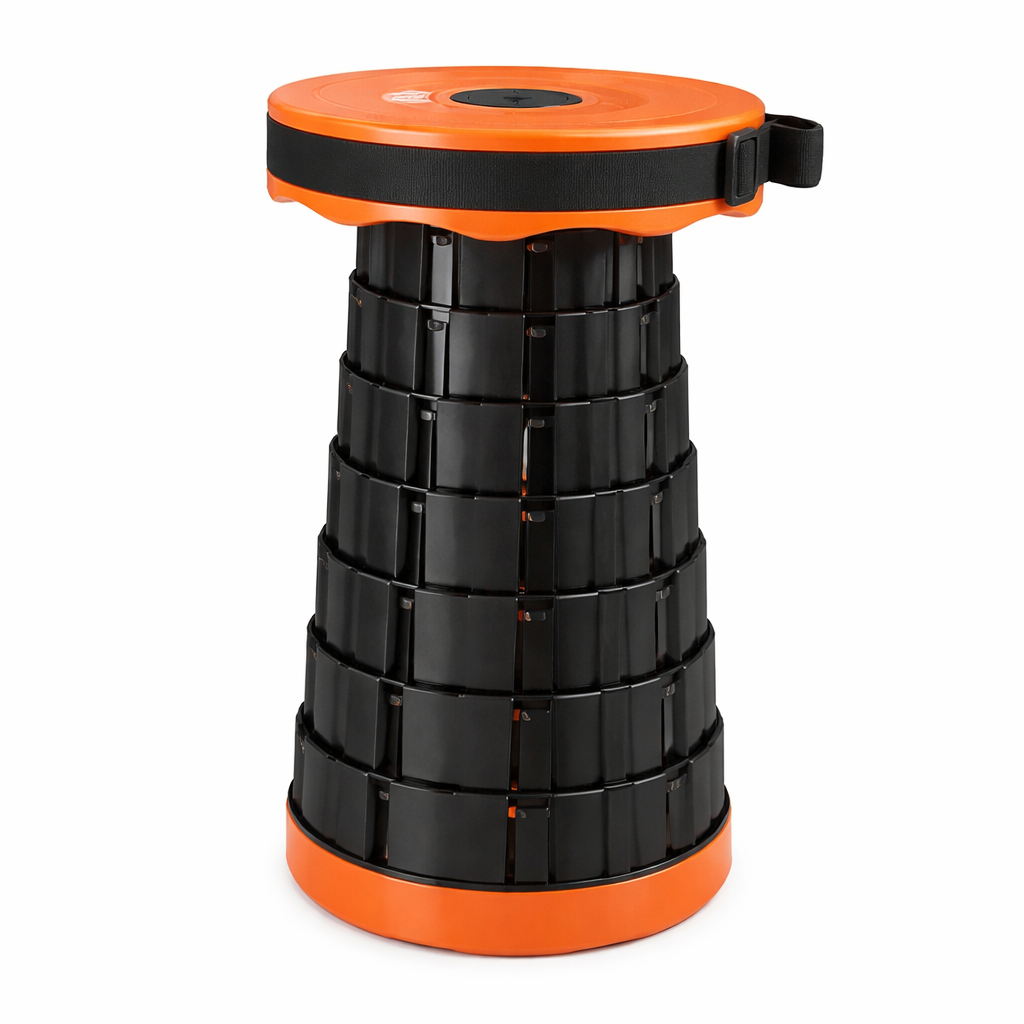 Scaun Pliabil din Plastic Telescopic Portabil, Scaun Extensibil Reglabil pe Inaltime, Compact, Rezistent, Antiderapant, Ideal Camping, Pescuit, Drumetii, Gradina, pana la 150 kg, Negru-Portocaliu