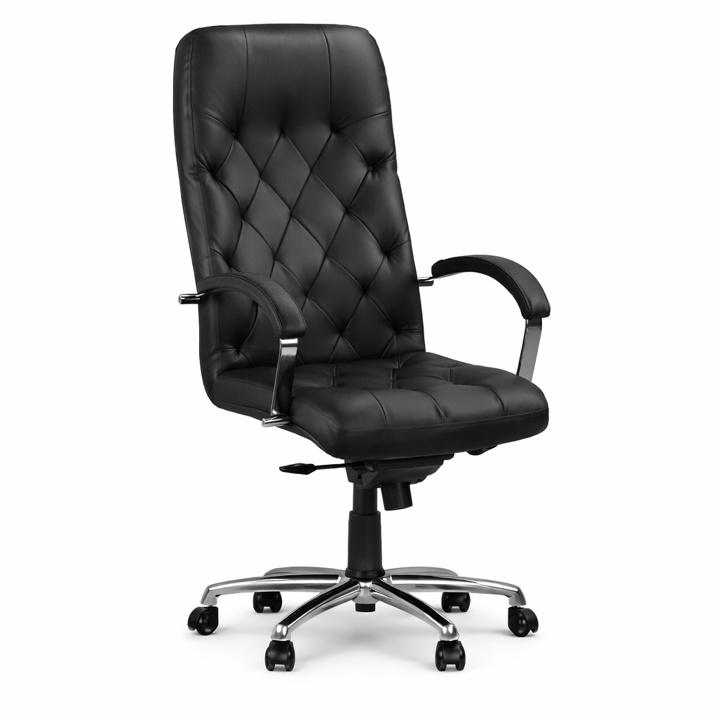 Fotoliu Directorial Piele Naturala Cuba Steel Chrome LE-A, Baza Cromata, Reglabil, Negru, 120 kg max