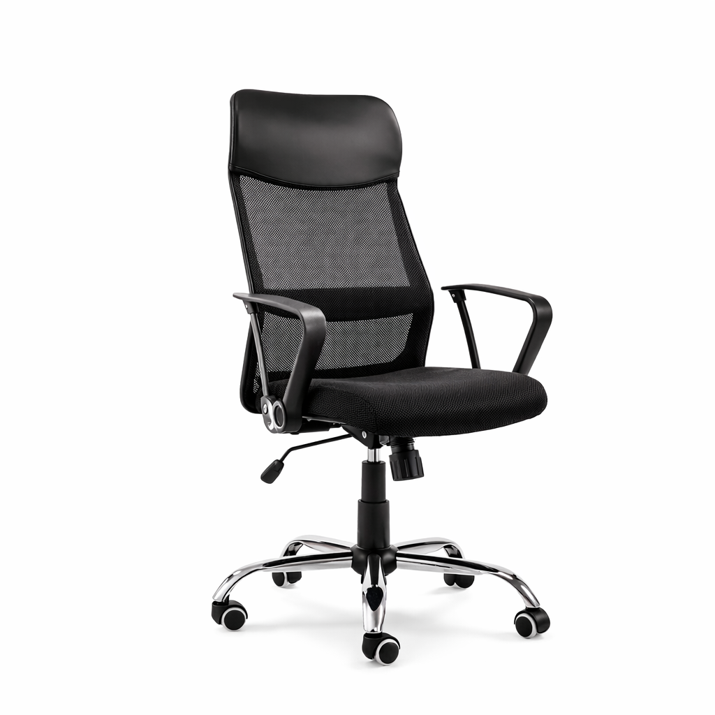 Fotoliu Birou Ergonomic, Spatar Plasa, Baza Cromata, Negru, Reglabil pe Inaltime, 150 kg capacitate