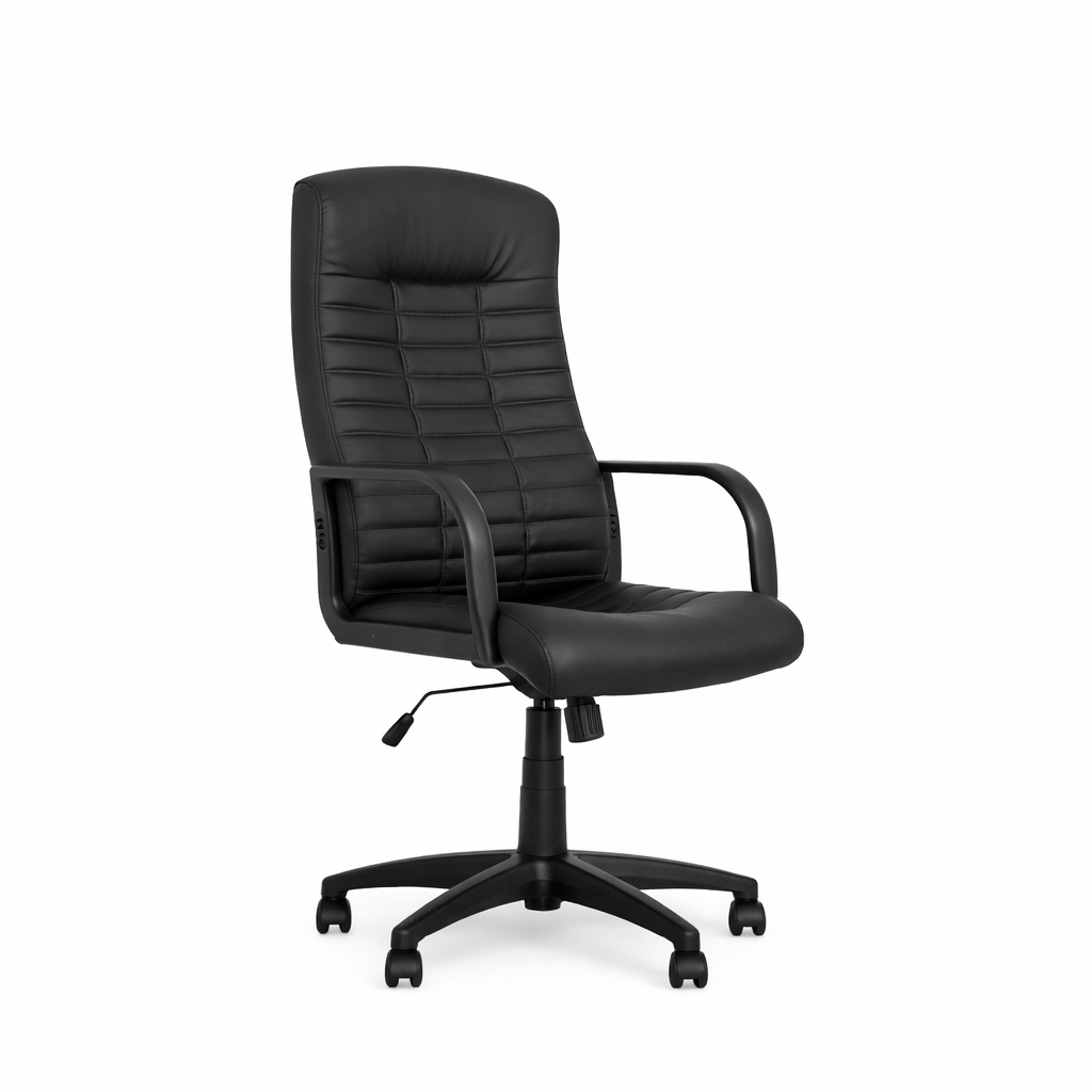 Fotoliu birou directorial Boss KD TILT PL64 ECO-30, scaun office ergonomic, piele ecologica neagra, mecanism balans Tilt, reglabil pe inaltime, baza plastic rezistenta, sustinere pana la 120 kg