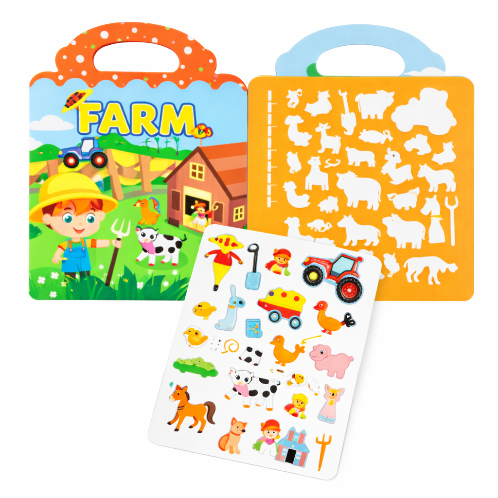 Joc educativ stickere reutilizabile Farm, carte activitati copii ferma, abtibilduri silicon reutilizabile, jucarie Montessori invatare animale, joc creativ copii, cadou educativ 3+ ani