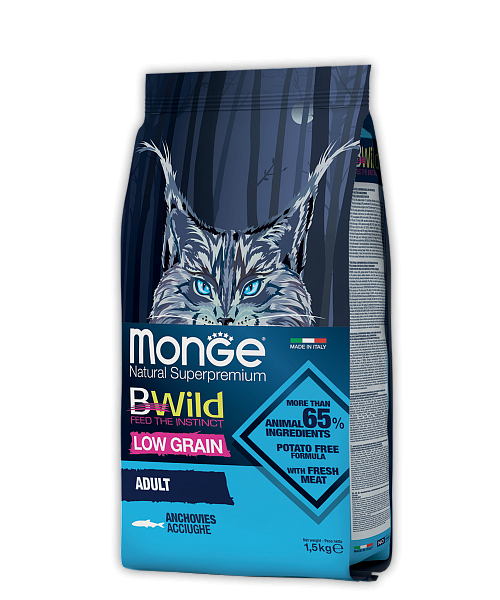 MONGE dry cat BWILD adult Anchovies 1,5 kg, hrană uscată pentru pisici