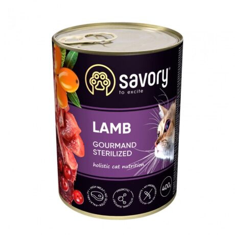 SAVORY adult Sterilised lamb 400G, hrană umedă cu miel pentru pisici adulte sterilizate