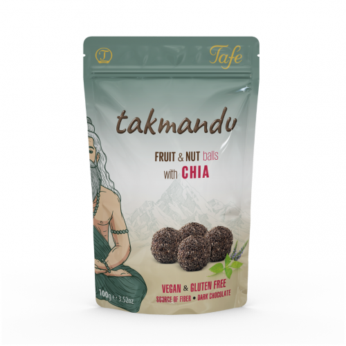 Takmandu, Bile cu ciocolată neagră, fructe, nuci și semințe Chia, produs vegan, fără zahăr