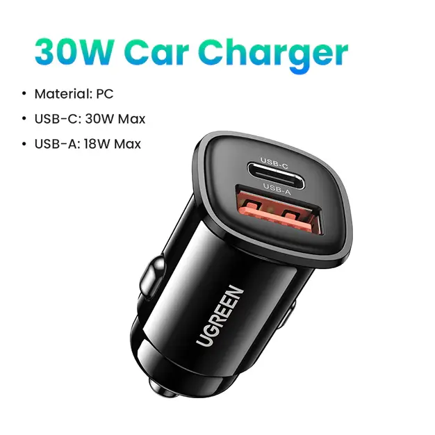 Încărcător Auto Mini UGREEN 30W, Dual Port USB-C/USB-A, Design Compact, Negru
