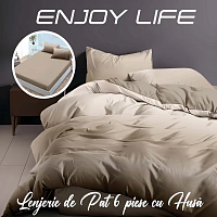 Lenjerie pat dublu Bumbac Finet Gros 6 piese Cearsaf cu elastic universal pentru saltea 160×200/180×200 cm Ralex Pucioasa ENJOY LIFE BEJ