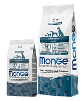MONGE dry dog all breed adult Trout/Rice/Potatoes 12 kg, hrană uscată pentru câini