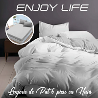 Lenjerie pat dublu Bumbac Finet Gros 6 piese Cearsaf cu elastic universal pentru saltea 160×200/180×200 cm Ralex Pucioasa ENJOY LIFE GRI